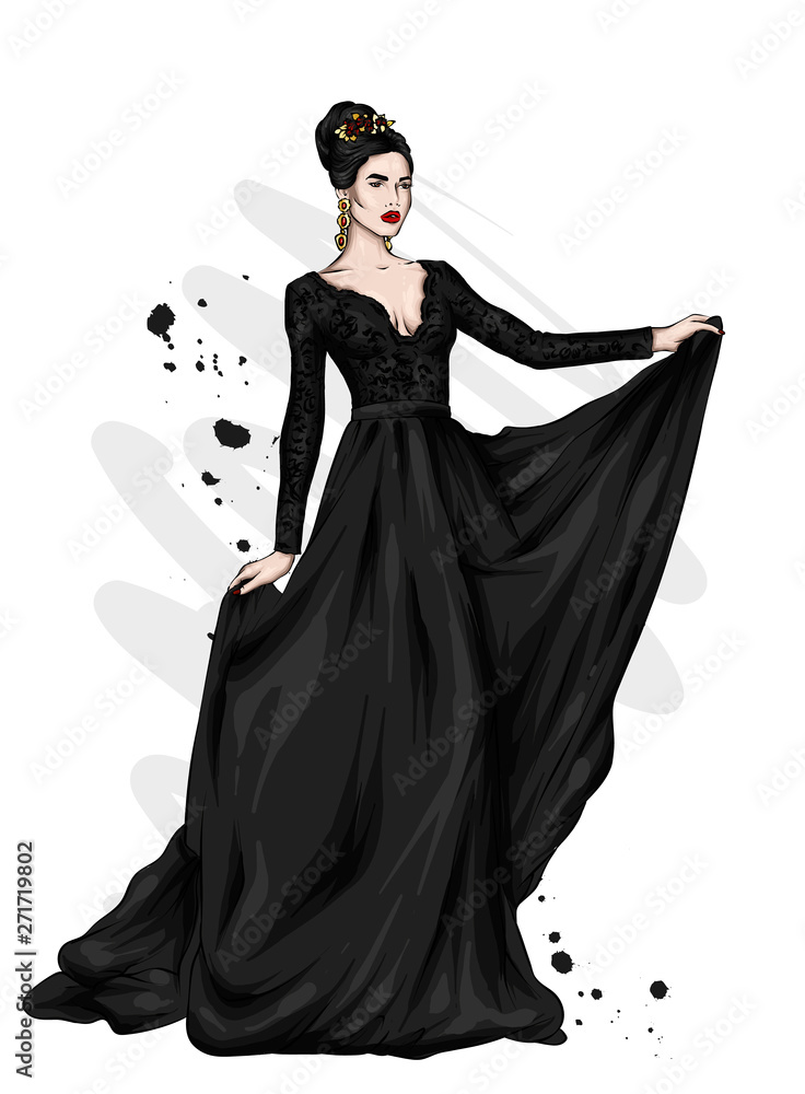 A tall, slender girl in a beautiful evening dress. Fashion & Style. Vector illustration. A tall, slender girl in a beautiful evening dress. Fashion & Style. Vector illustration.