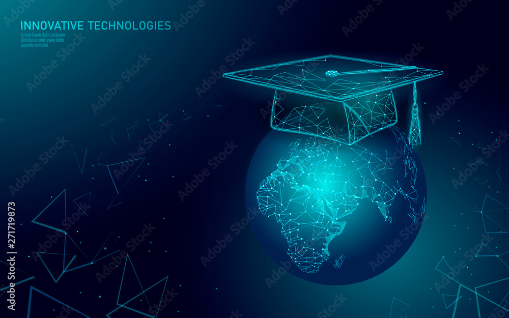 E-learning distance graduate certificate program concept. Low poly 3D render graduation cap on planet Earth World map banner template. Internet education course degree vector illustration - obrazy, fototapety, plakaty 