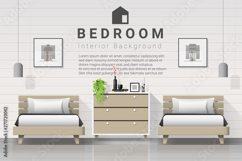 Interior background of modern bedroom with twin beds , vector , illustration