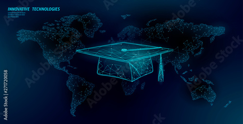 E-learning distance graduate certificate program concept. Low poly 3D render graduation cap on World map modern design banner template. Internet education course degree vector illustration