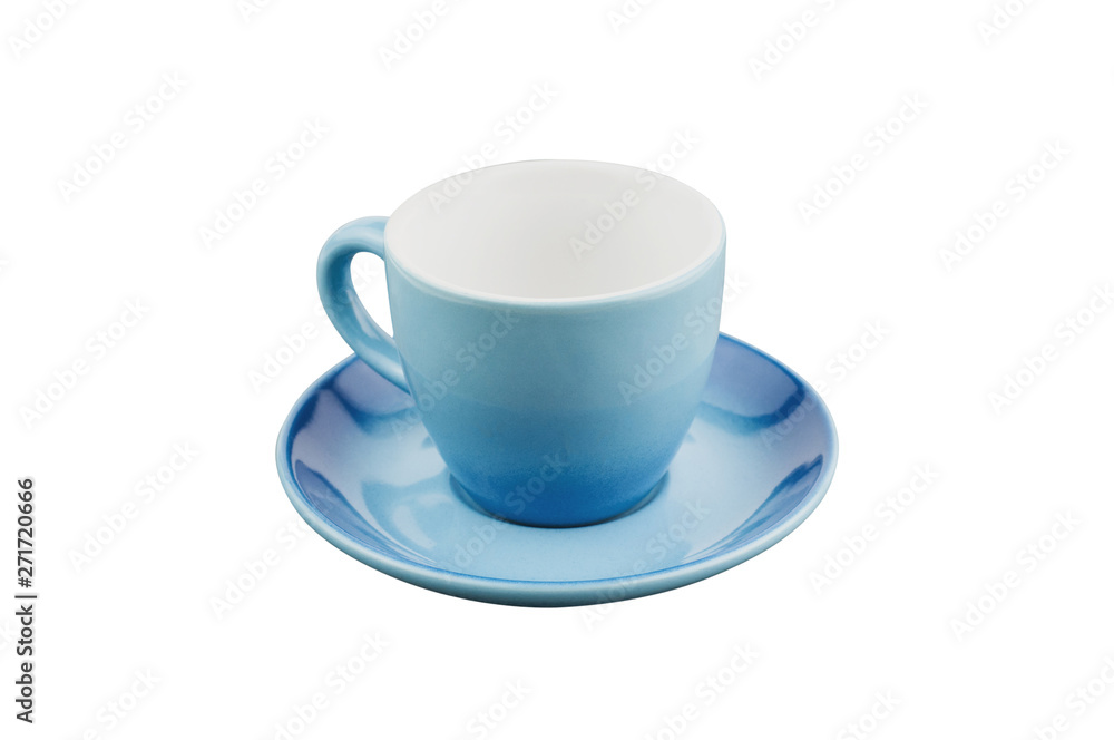 Single blue empty ceramic cup for drinks or other liquid products with circle saucer isolated on white background Single blue empty ceramic cup for drinks or other liquid products with circle saucer isolated on white background