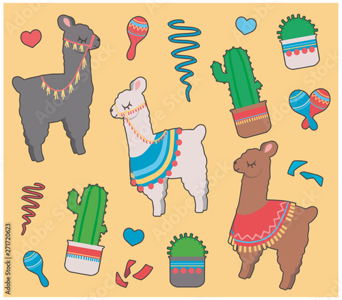 Cute colorful cartoon style Llamas or Alpacas with poncho with cactus and mexican rumba shaker illustration set 