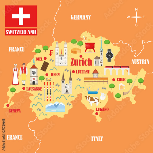 Canvas Print Map of Switzerland with landmarks