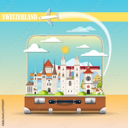 Cityscape with swiss landmarks in suitcase