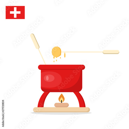 Fondue. Red jar with melted cheese and forks strung with sliced bread