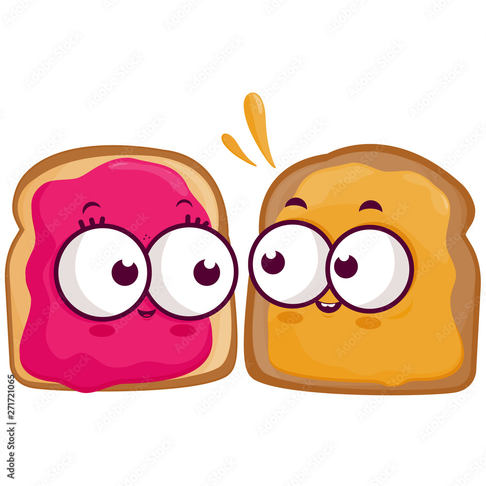 Cartoon slices of bread with peanut butter and jelly. Vector