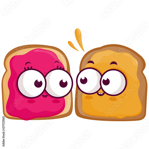 Cartoon slices of bread with peanut butter and jelly. Vector Illustration 