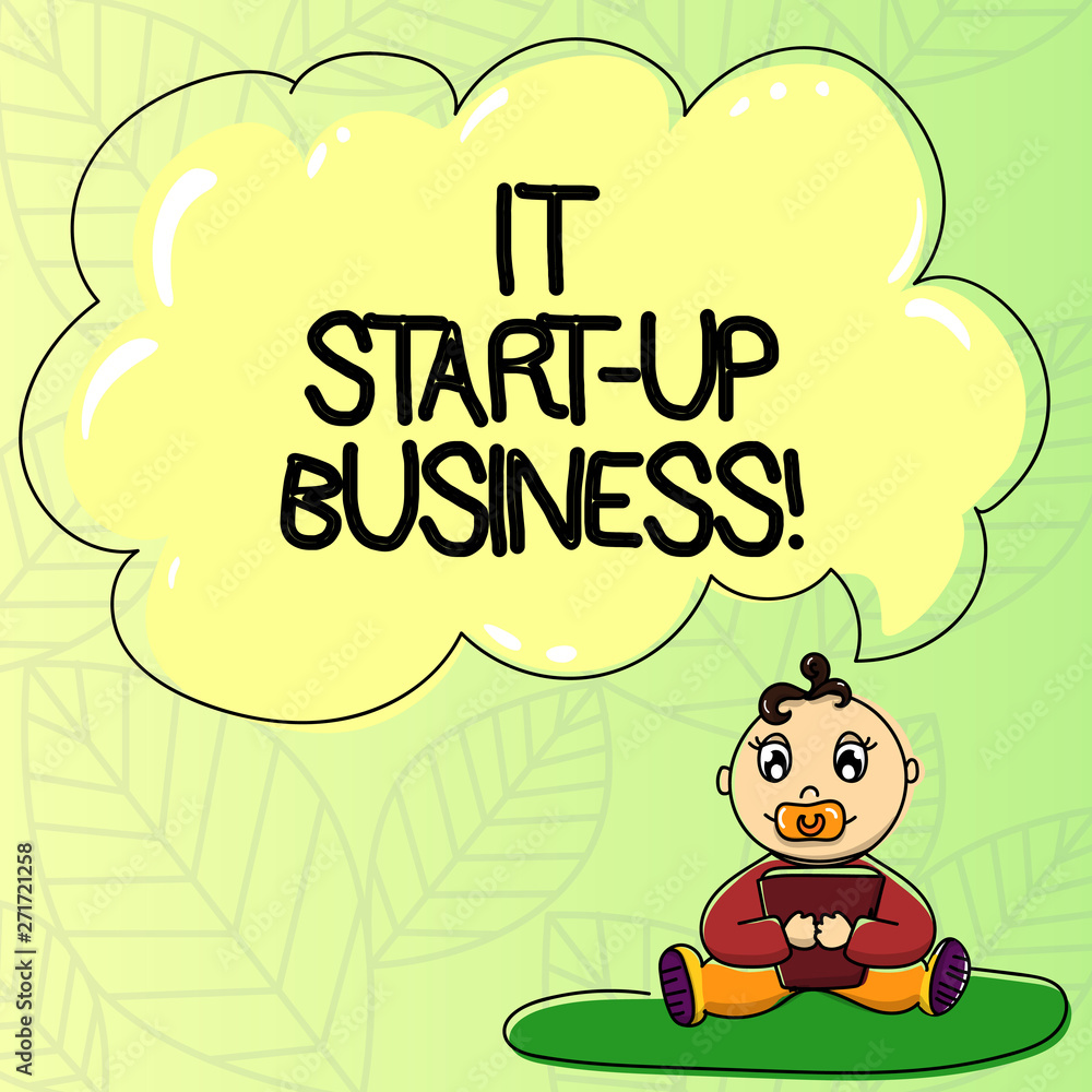Word writing text It Start Up Business. Business concept for company that is in first stage of its operations Baby Sitting on Rug with Pacifier Book and Blank Color Cloud Speech Bubble Word writing text It Start Up Business. Business concept for company that is in first stage of its operations Baby Sitting on Rug with Pacifier Book and Blank Color Cloud Speech Bubble