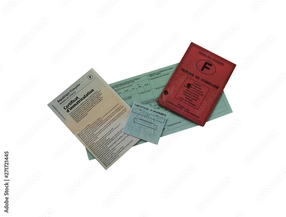 Gray card with the insurance contract and a driving license a car Gray card with the insurance contract and a driving license a car