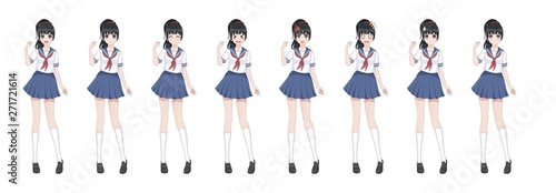 Anime manga schoolgirl in sailor suit, blue skirt
