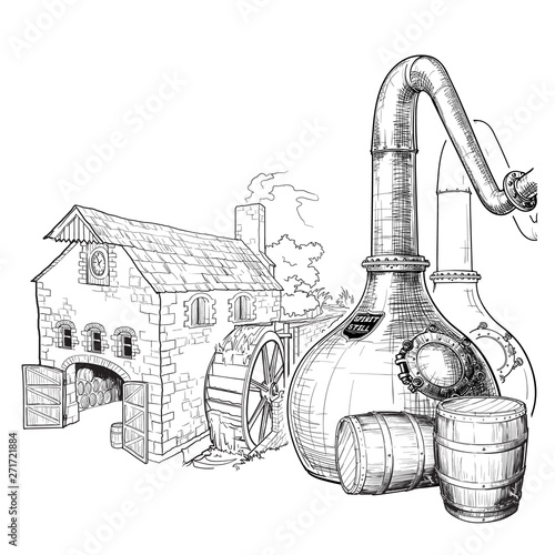 Whiskey from grain to bottle. A Swan necked copper Stills, oak casks used for aging and a watermill on a background. Black and white ink style drawing isolated on white background. EPS10 vector.