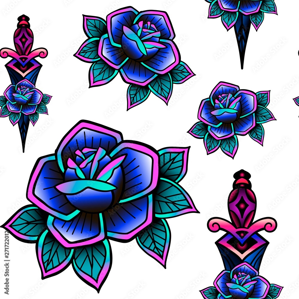 Old school retro vintage doodle tattoo seamless pattern.Rose,knife.continuous  openwork emblems symbols.Vector line art oldschool tattoo illustration.Best  for printing wrapping paper Stock Vector | Adobe Stock