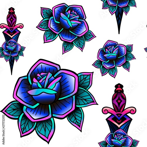 Old school retro vintage doodle tattoo seamless pattern.Rose,knife.continuous openwork emblems symbols.Vector line art oldschool tattoo illustration.Best for printing wrapping paper
