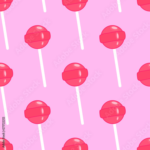 Seamless pattern with red lollipops isolated on pink background. Cartoon retro style sweet candy vector wallpaper.