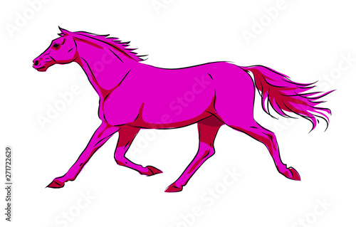 Hand drawn vector illustration of running horse in red-pink tones.