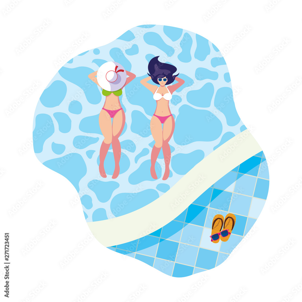 beautiful girls couple with swimsuits floating in pool