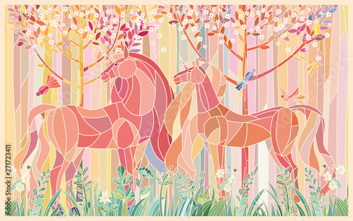 Stained glass horses unicorns in pink green colors. Imitation colored glass