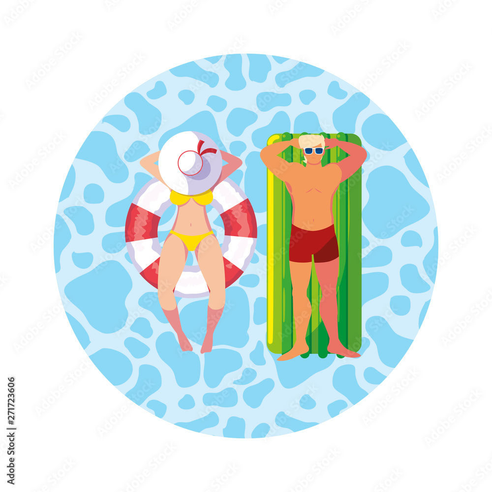 young couple with float mattress in water young couple with float mattress in water