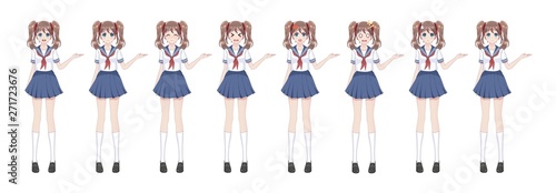 Anime manga schoolgirl in sailor suit, blue skirt