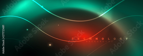 Shiny neon lines template - northern lights glowing blur lines. Futuristic style glow neon 80s disco club or night party techno template