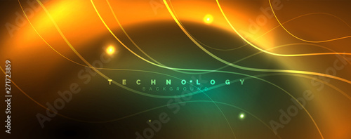 Shiny neon lines template - northern lights glowing blur lines. Futuristic style glow neon 80s disco club or night party techno template