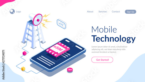 eSIM card chip sign. Gsm tower concept. Futuristic projection sim card. Modern telecommunication technology. Can use for web banner, infographics, hero images. Flat isometric vector illustration.