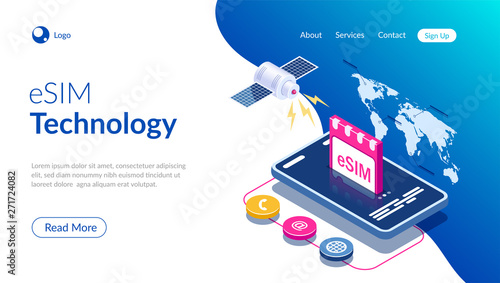 eSIM card chip sign. Embedded SIM concept. New mobile communication technology. Satellite on world map background. Can use for web banner, infographics, hero images. Isometric vector illustration.