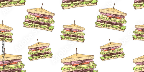 Vector Seamless Pattern, Sandwiches Background, Colorful Illustration Template, Fast Food.