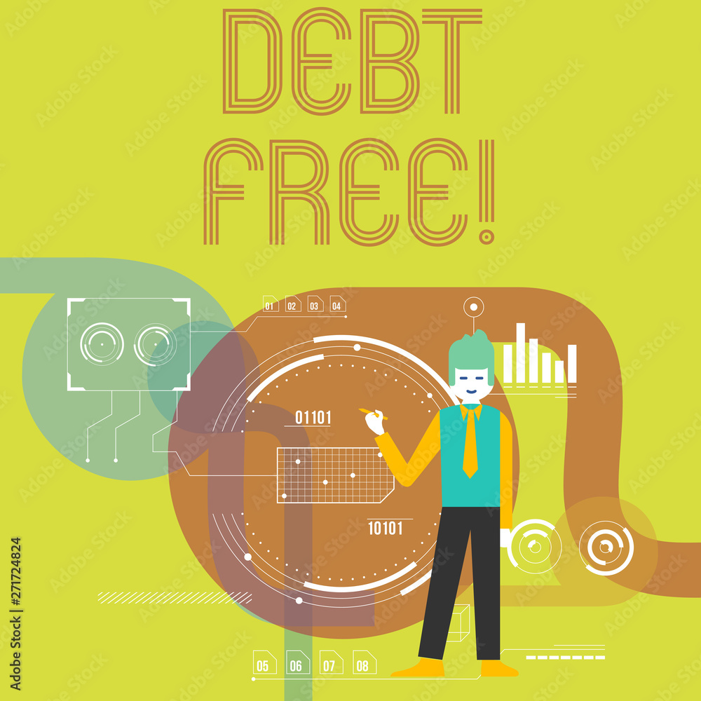 Writing note showing Debt Free. Business concept for does not owning any money or things to any individual or companies Man Holding Pen Pointing to Chart Diagram SEO Process Icons Writing note showing Debt Free. Business concept for does not owning any money or things to any individual or companies Man Holding Pen Pointing to Chart Diagram SEO Process Icons