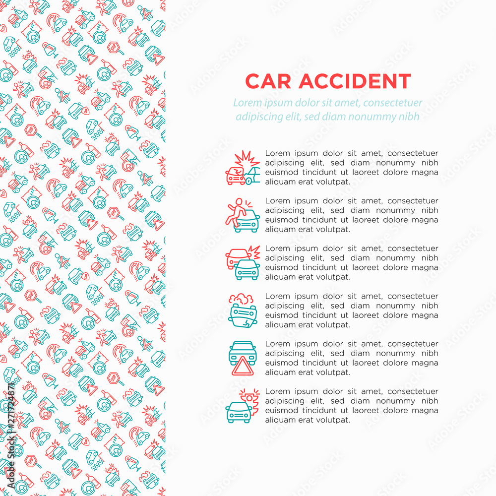 Car accident concept with thin line icons: crashed cars, tow truck, drunk driving, safety belt, traffic offense, car insurance, warning triangle. Modern vector illustration for insurance company. Car accident concept with thin line icons: crashed cars, tow truck, drunk driving, safety belt, traffic offense, car insurance, warning triangle. Modern vector illustration for insurance company.