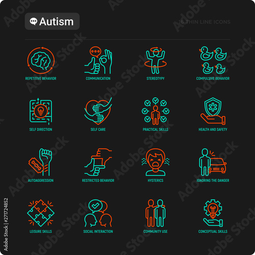 Autism symptoms and adaptive skills thin line icons set: repetitive behavior, stereotypy, ignoring of danger, autoaggression, hysterics, social interaction. Modern vector illustration for black theme. photo