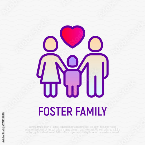 Foster family thin line icon: silhouettes of mother, father and child with heart above. Modern vector illustration, logo for adoption company.