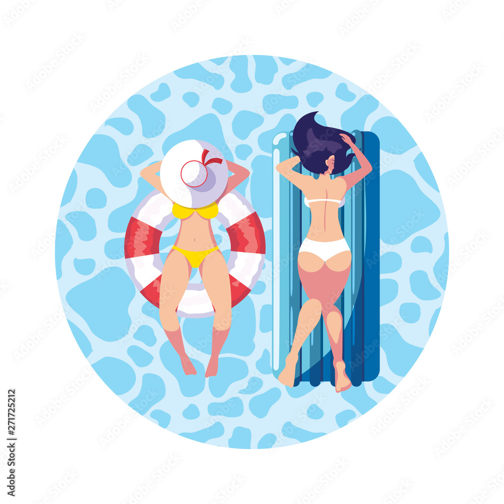 girls with swimsuit in lifeguard and mattress floats in water