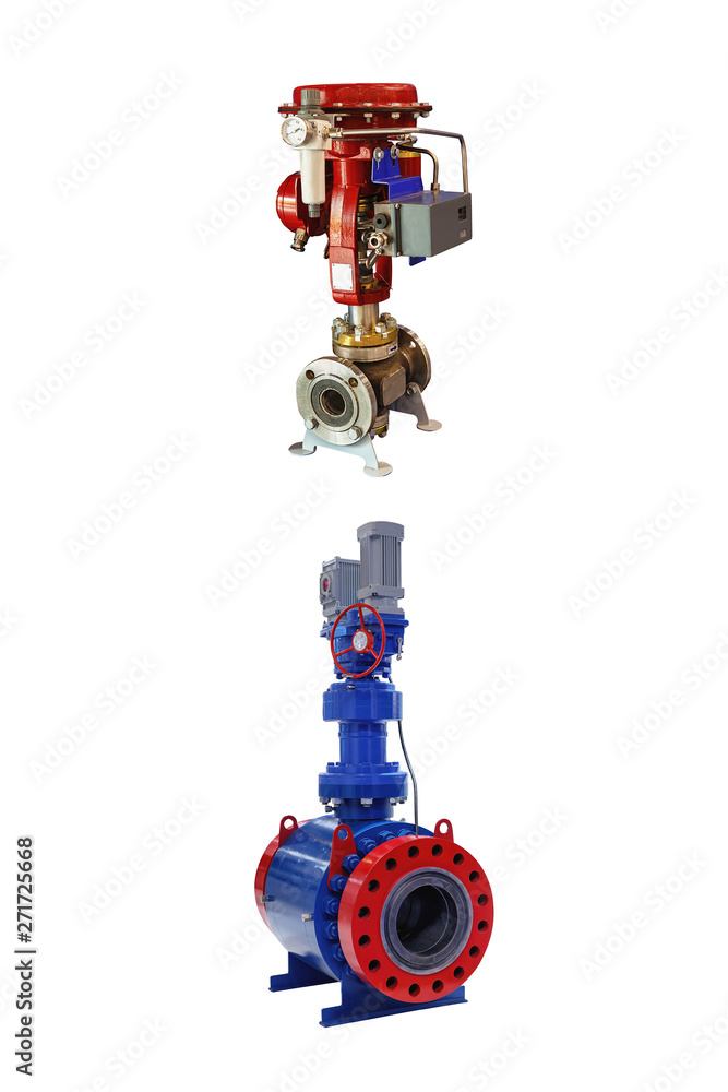 two modern shut-off valve with automatic  control for a gas pipeline isolated on white background