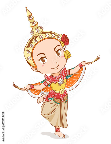 Cartoon character of traditional Thai dancer in Kinnari dress.
