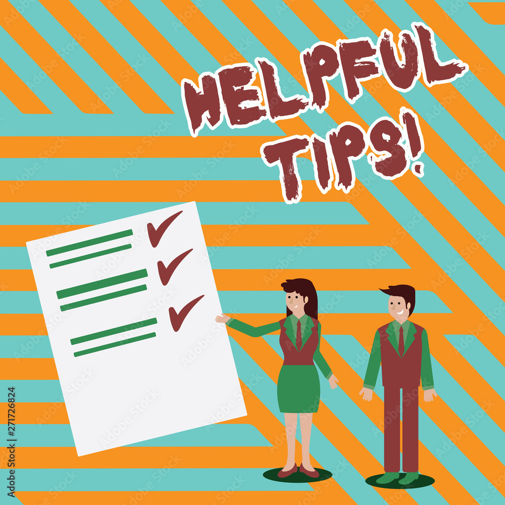 Obraz premium Writing note showing Helpful Tips. Business concept for advices given to be helpful knowledge in life Man and Woman Presenting Report of Check and Lines on Paper
