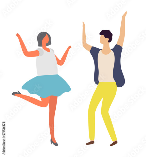 People on dance floor, man and woman clubber with rising hands isolated on white, portrait view of dancing girl and boy, disco person, holiday vector