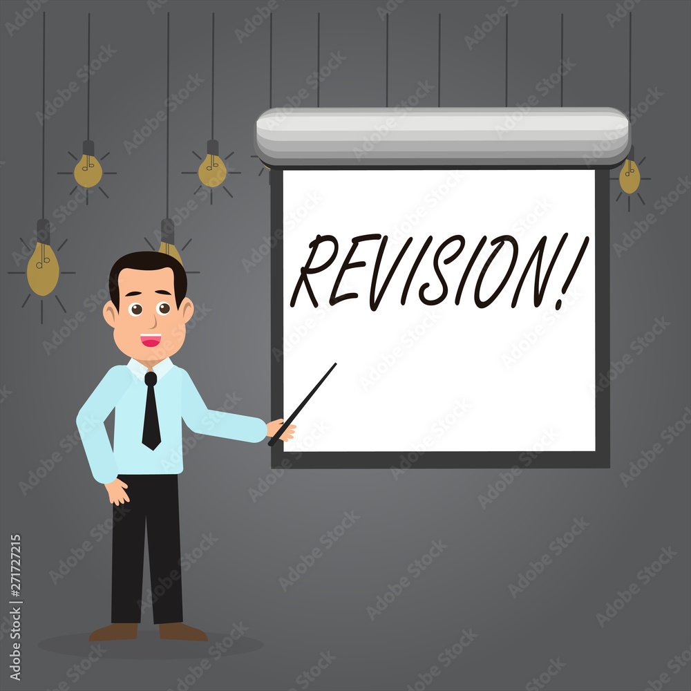 Word writing text Revision. Business photo showcasing Rechecking Before Proceeding Self Improvement Preparation Man in Necktie Talking Holding Stick Pointing to Blank White Screen on Wall Word writing text Revision. Business photo showcasing Rechecking Before Proceeding Self Improvement Preparation Man in Necktie Talking Holding Stick Pointing to Blank White Screen on Wall