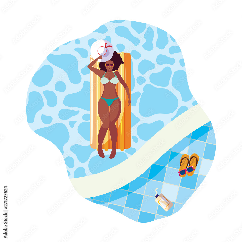 afro woman with float mattress floating in pool