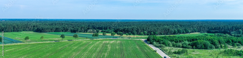 Panorama from aerial photographs of arable land and meadows with a large forest area in the background, drone shot