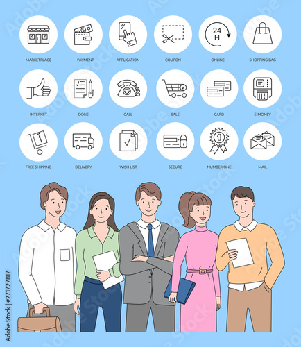 Successful teamwork conference, marketplace and payment, application and coupon, online and shopping bag, checklist and call, wallet with money flat style. Team leader with secretary