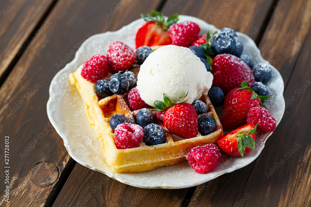 belgian waffles with ice cream and berries belgian waffles with ice cream and berries