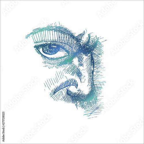 Gradient illustration of eye, nose, frowning eyebrow technique.