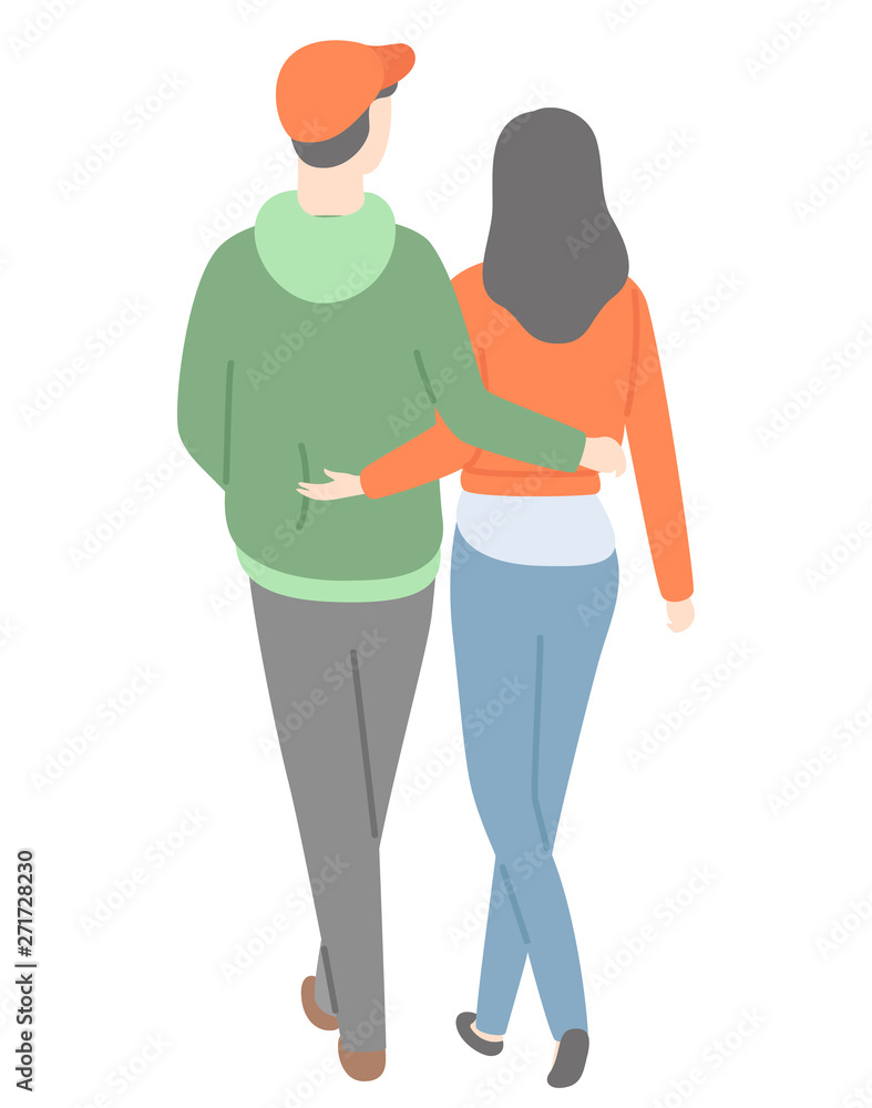 Happy couple back view, vector man in red cup, green hoodie and trousers and woman in red sweater and jeans isolated cartoon people, dating lover