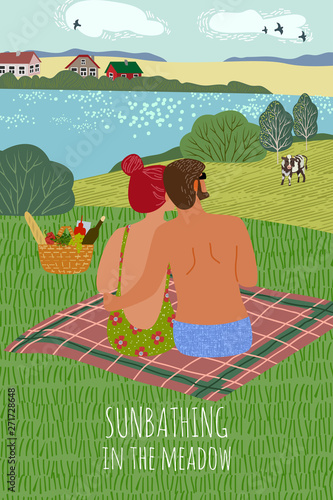 Cute flat vector vertical illustration with a guy and a girl,sunbathing on the nature. Couple sitting on the bedspread, dog and foodbasket on a picnic against the background of the rural landscape. photo