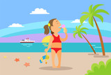 Girl holding toy and eating ice-cream on beach, child in red swimsuit standing on sand, sunset and ocean view with ship, palm trees and cloudy sky vector
