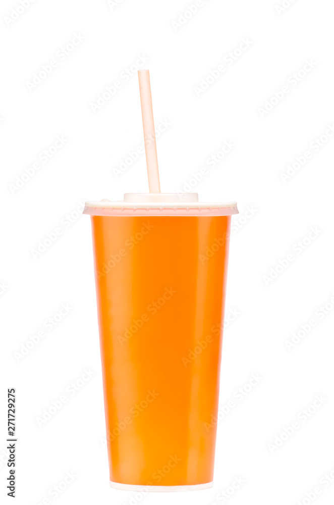 Blank orange plastic cup with straw isolated on white background