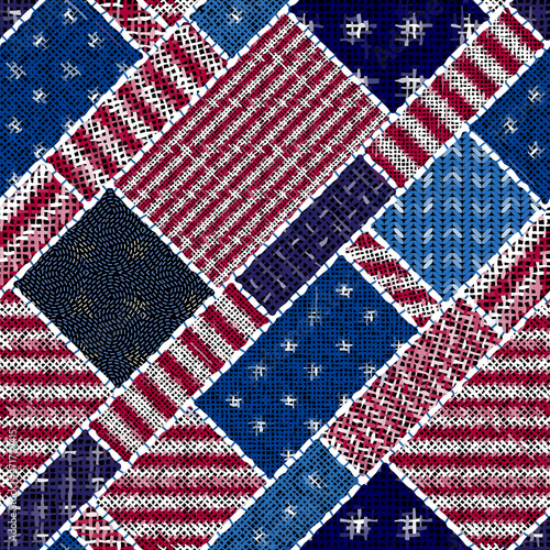 Imitation of indian patchwork pattern with texture canvas Vector seamless image.