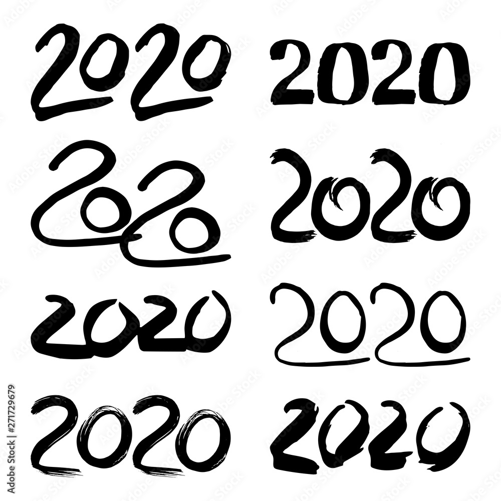 Hand drawn black number text 2020 year vector lettering calligraphy. Happy New Year greeting template isolated on white background set.