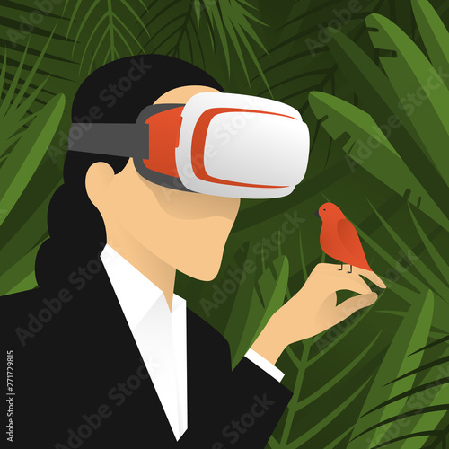 Business woman using virtual reality glasses. Nature and wildlife in VR headset. Travel to cyberspace. Wildlife simulation: jungle with green leaves and orange birds. Digital interactive.